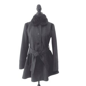 Laundry by Design Women Charcoal Gray Wool Blend Faux Fur Collar Belted Coat M